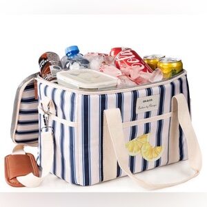 Striped Insulated Cooler Bag 15L Lemon Spring Tote Blue White Coastal Picnic